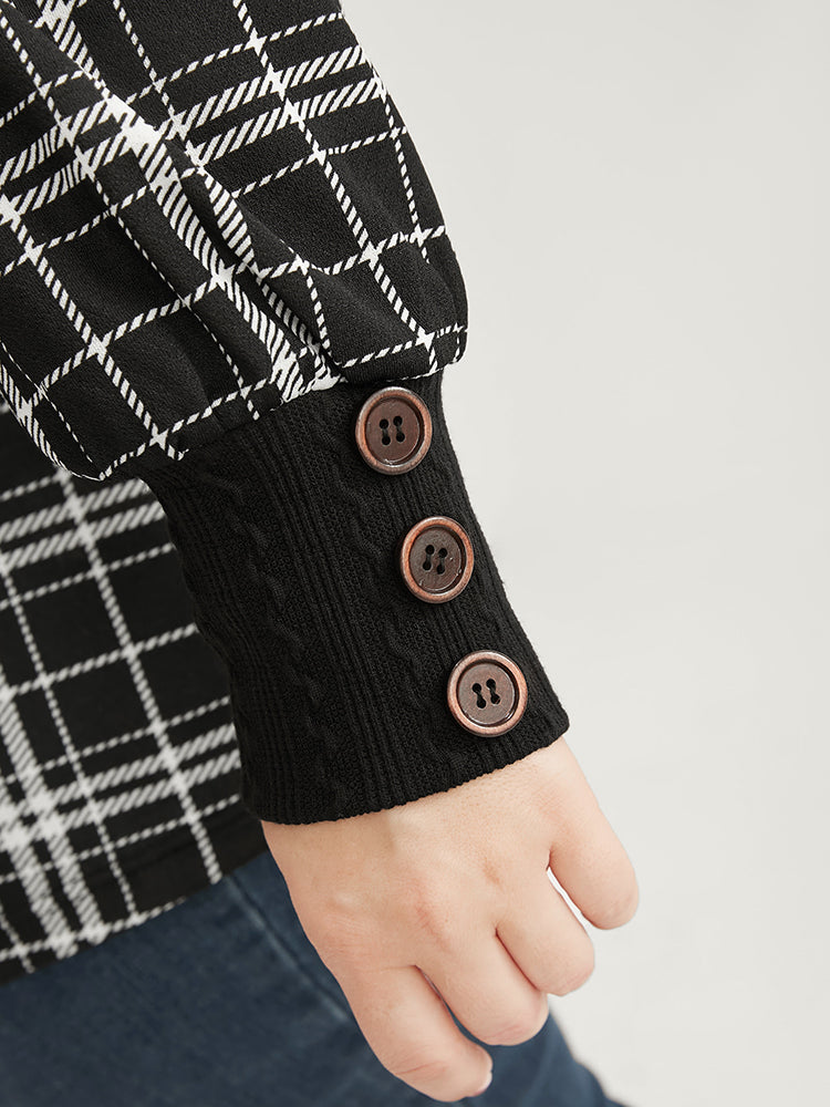 Plaid Patchwork Button Detail Funnel Neck Sweatshirt