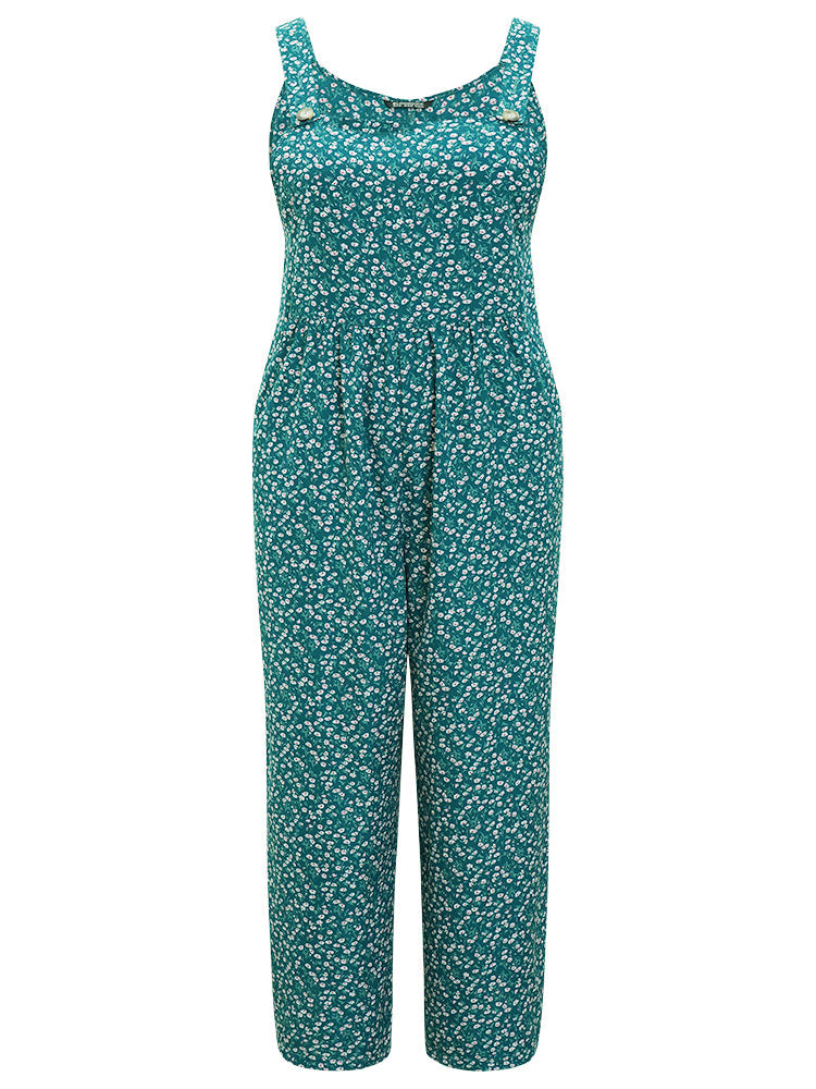Ditsy Floral Plicated Detail Pocket Overall Jumpsuit