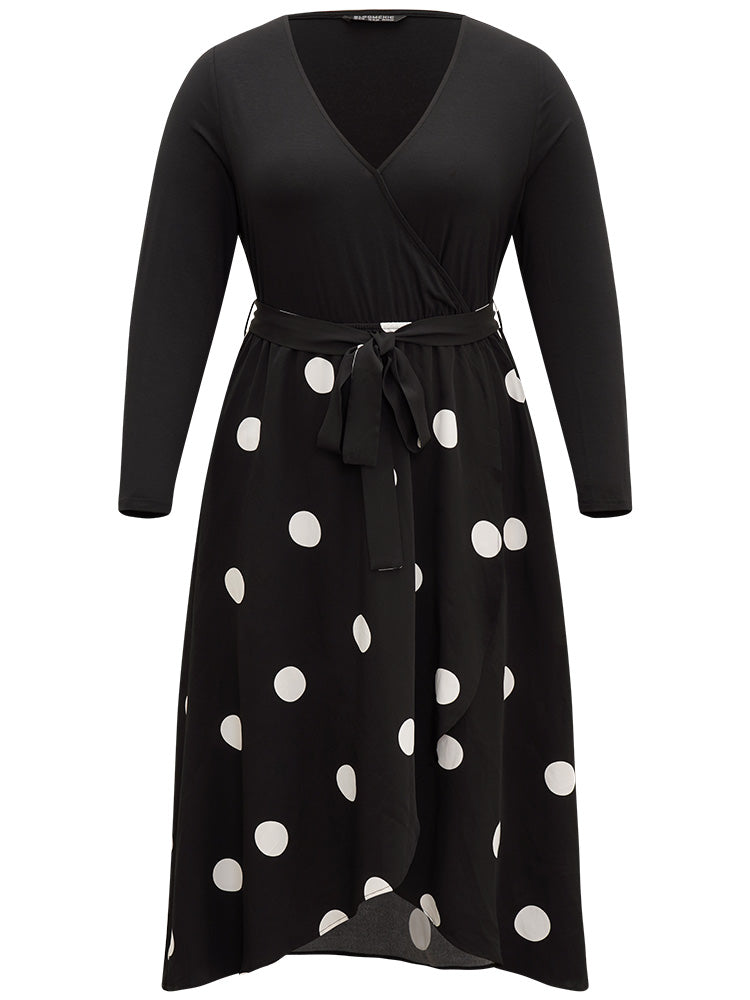 Polka Dot Belted Patchwork Wrap Hem Dress