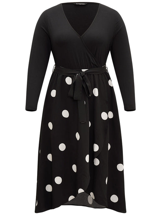 Polka Dot Belted Patchwork Wrap Hem Dress