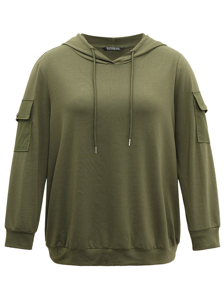 Solid Flap Pocket Hooded Drawstring Sweatshirt