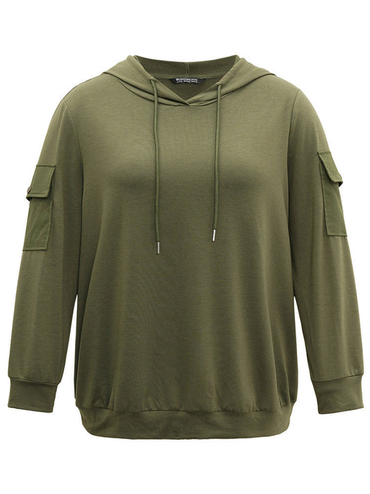 Solid Flap Pocket Hooded Drawstring Sweatshirt