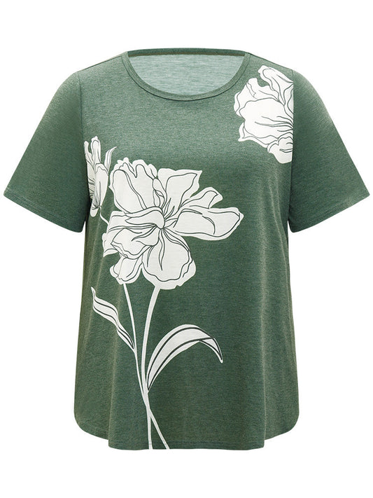 Plain Heather Floral Print Crew Neck T-shirt