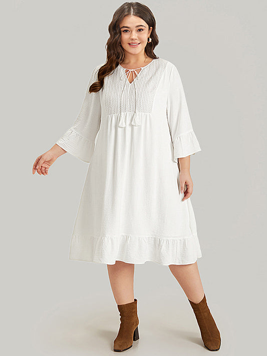 Solid Pocket Ties Tassels Bell Sleeve Dress