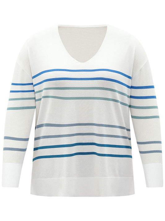 Striped V Neck Split Hem Pullover