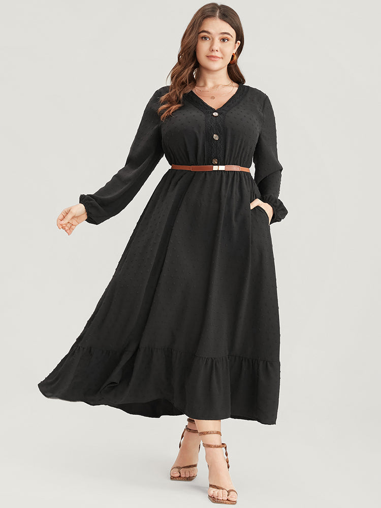 Polka Dot Lace Lantern Sleeve Button Detail Pocket Flutter Dress