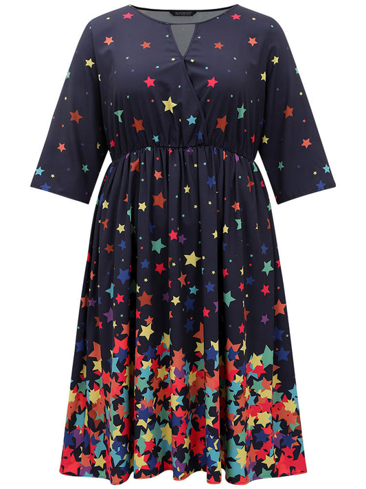 Star Print Keyhole Pocket Elastic Waist Dress