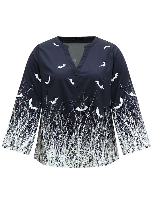Halloween Silhouette Floral Print Bat Flutter Sleeve Blouse