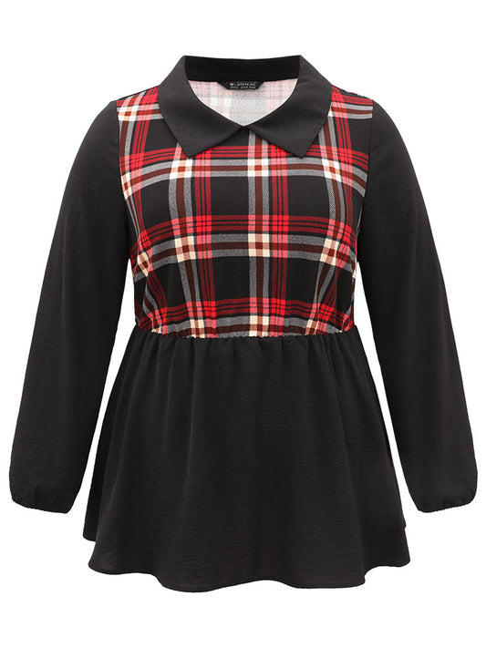 Plaid Patchwork Lapel Collar Lantern Sleeve Blouse