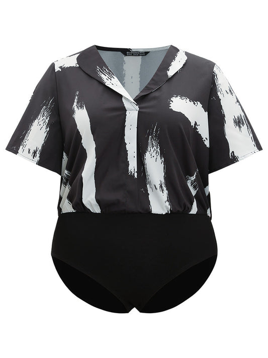 Brush Print Shirt Collar Elastic Waist Bodysuit