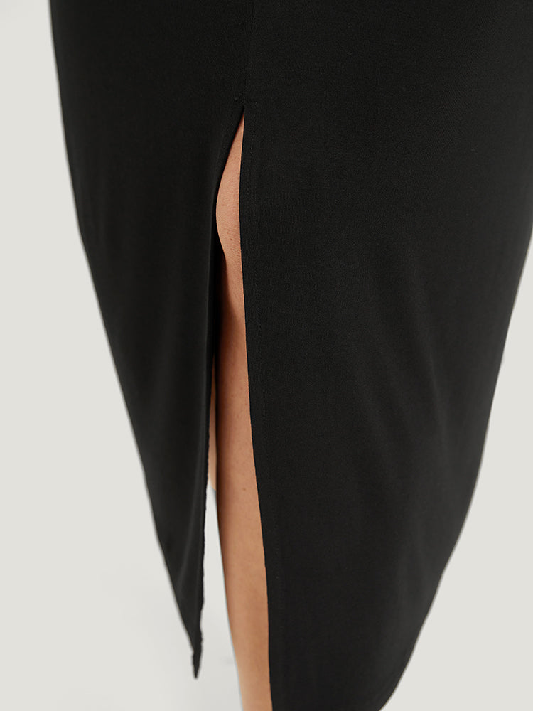 Plain Twist Front Split Hem Midi Skirt