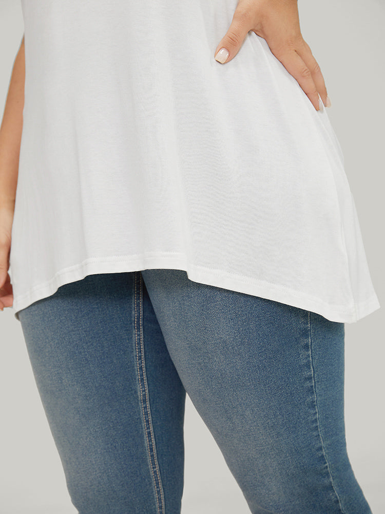 Plain Asymmetrical Hem V Neck T-shirt