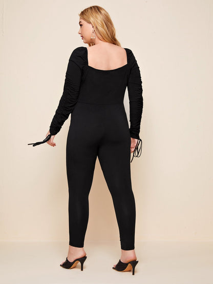 Ruched Front Drawstring Sleeve Jumpsuit