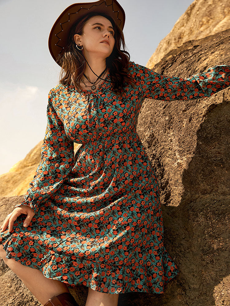 Ditsy Floral Ruffle Tie Front Dress