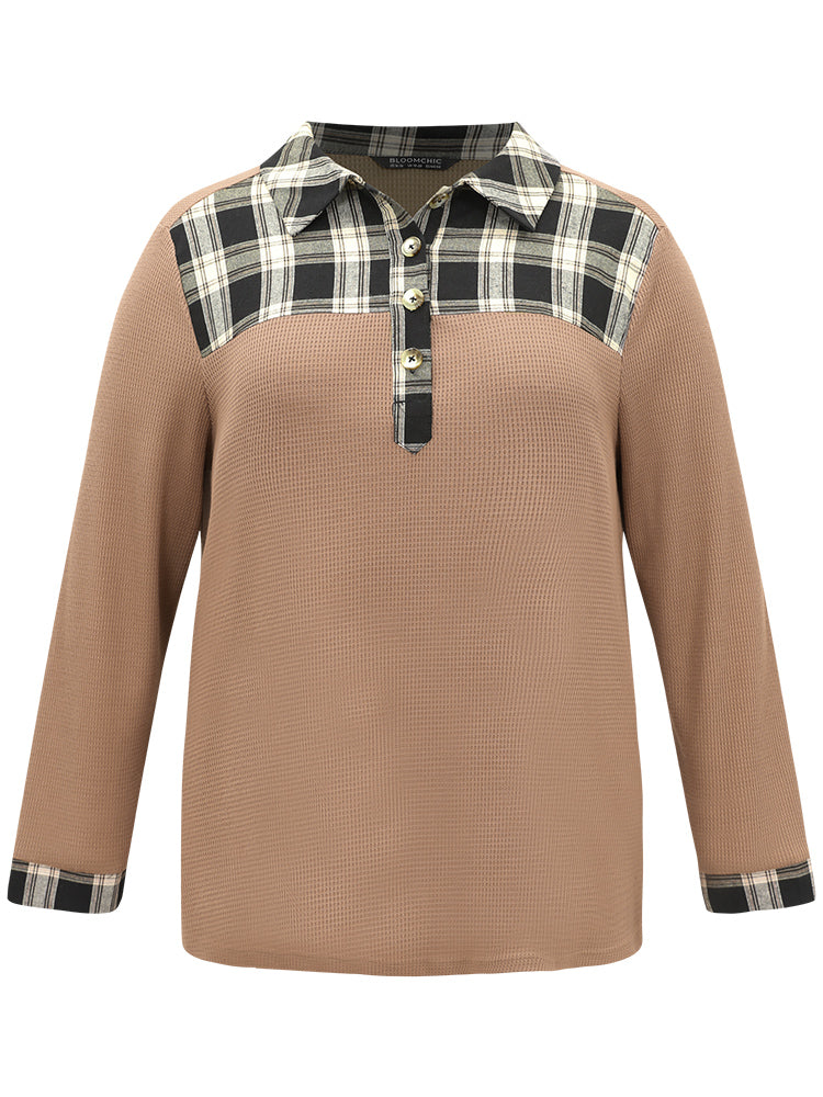 Plaid Patchwork Polo Waffle Knit Button Up T-shirt