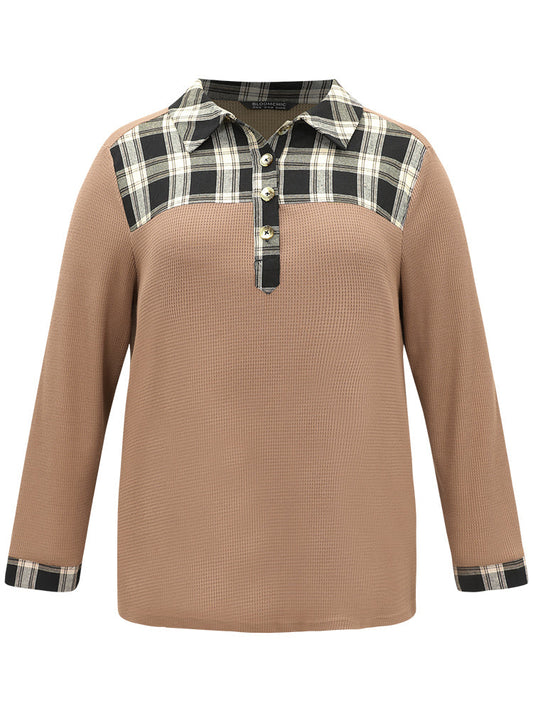 Plaid Patchwork Polo Waffle Knit Button Up T-shirt