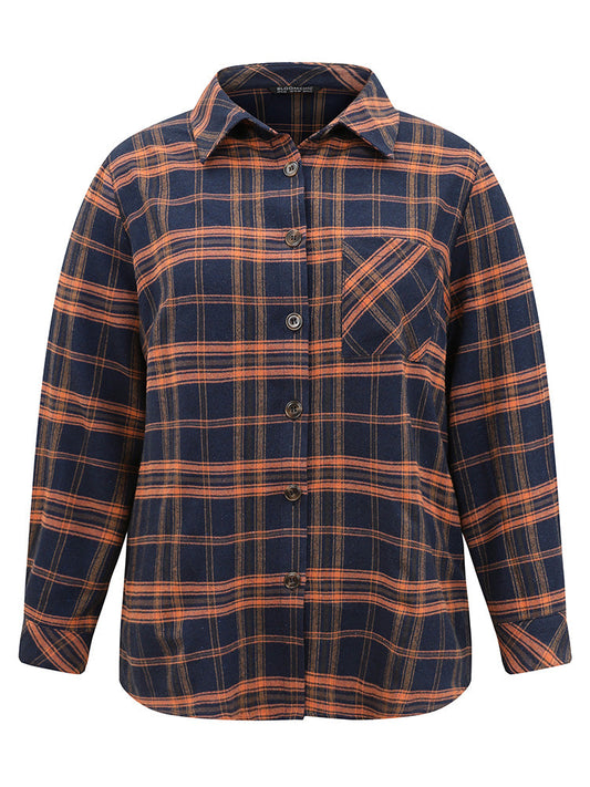 Contrast Plaid Patched Pocket Shirt Collar Blouse