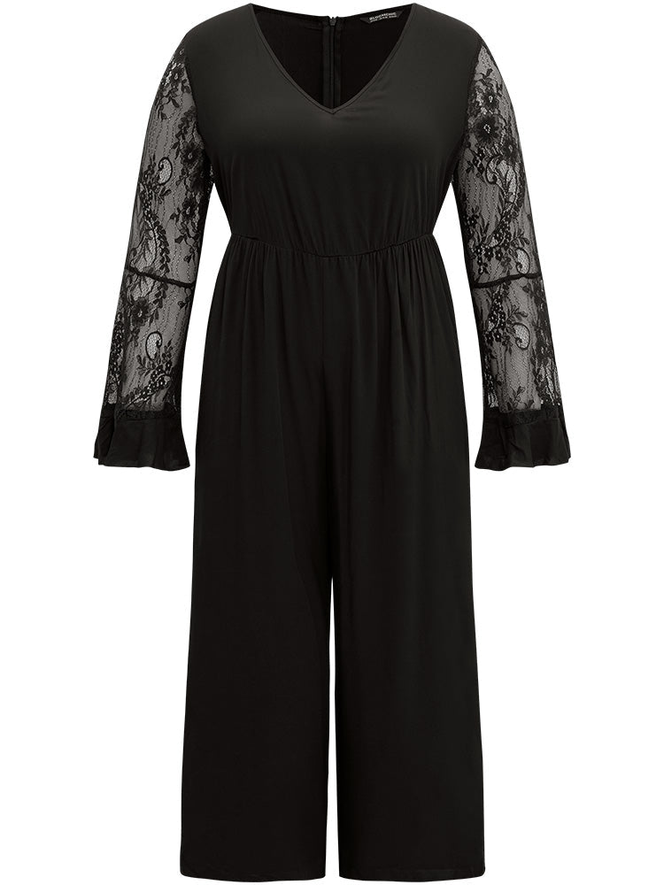 Halloween Plain Mesh Eyelet Lace Pocket Jumpsuit