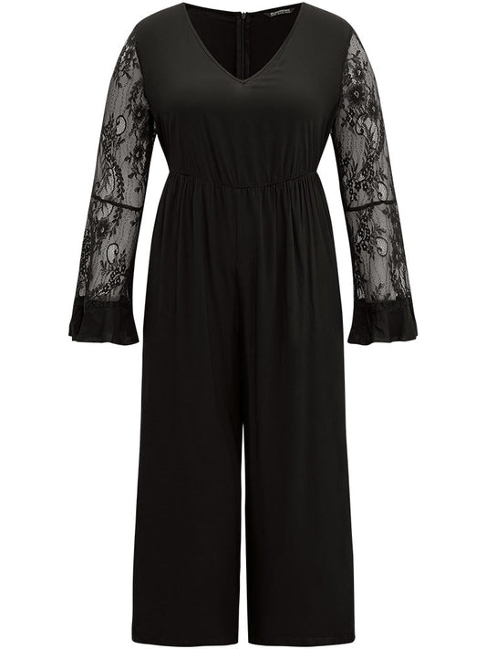 Halloween Plain Mesh Eyelet Lace Pocket Jumpsuit