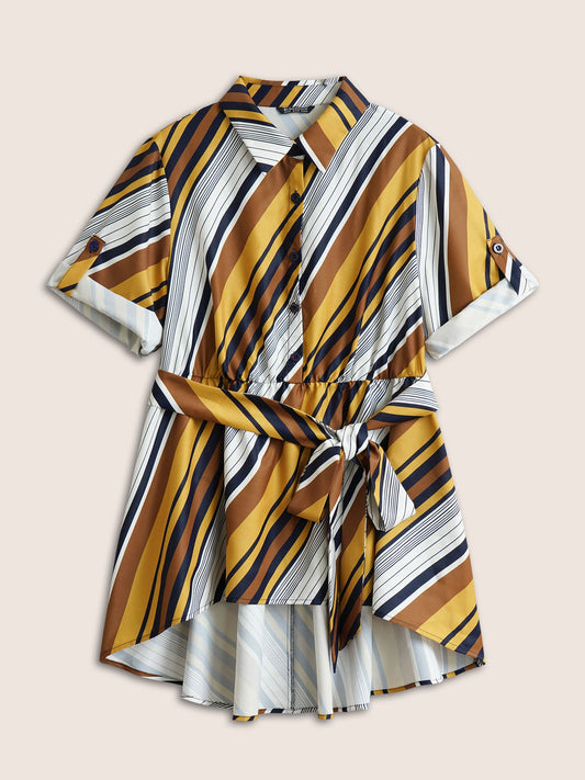 Color Striped Ties High Low Hem Blouse
