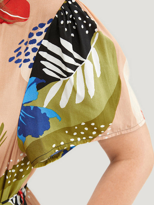 Tropical Print Ruched Front Belt Pocket Flutter Hem Dress