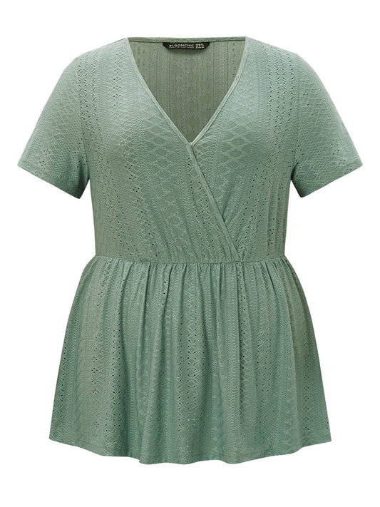 Solid Broderie Anglaise Ruffle Hem Wrap T-shirt