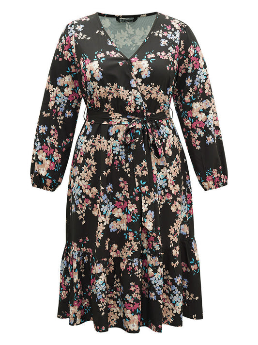Floral Print Overlap Collar Elastic Cuffs Dress