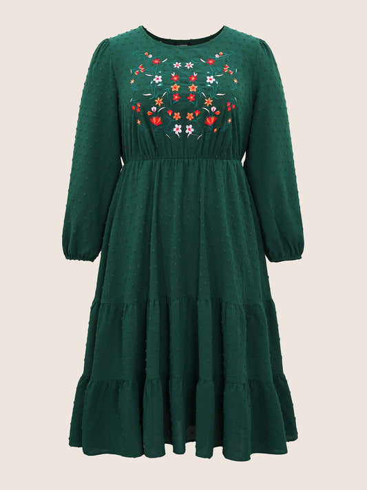 Floral Embroidered Textured Ruffle Layered Hem Dress