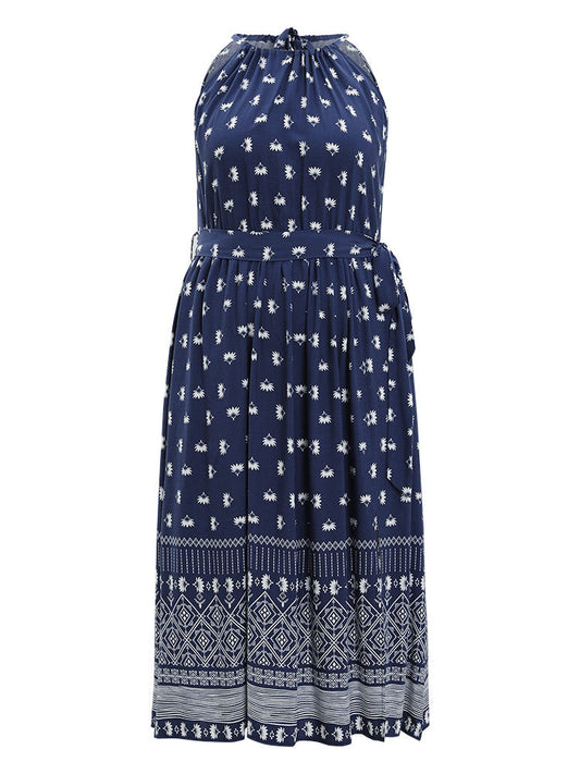 Boho Print Knot Halter Pocket Belted Split Dress