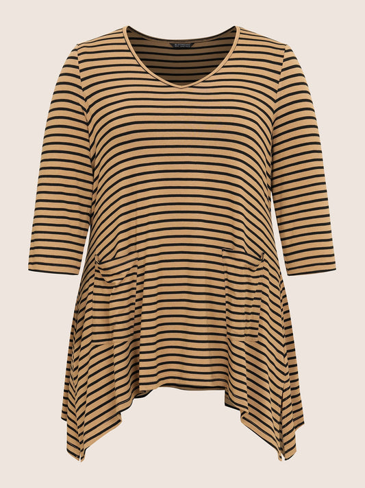 Striped Pocket Asymmetrical Split Hem Tunic T-shirt