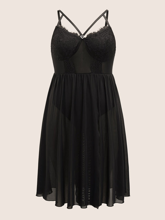 Heart Rhinestone Crisscross Split Hem Sleep Jumpsuit