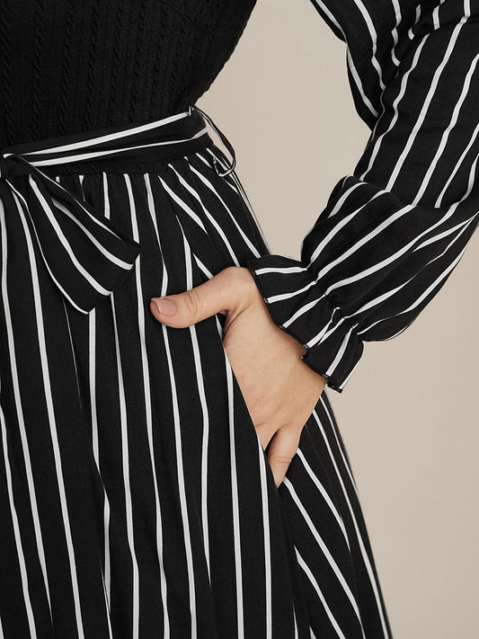 Solid Patchwork Pocket Lantern Sleeve Belted 2-In-1 Striped Dress