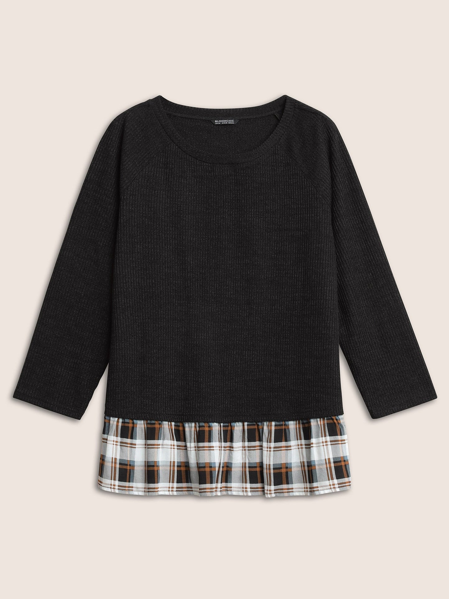 Rib Knit Plaid Patchwork Raglan Sleeve T-shirt