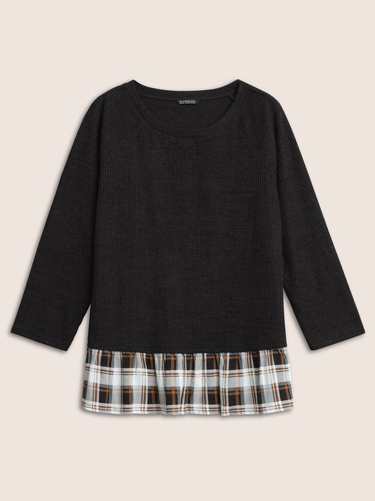 Rib Knit Plaid Patchwork Raglan Sleeve T-shirt