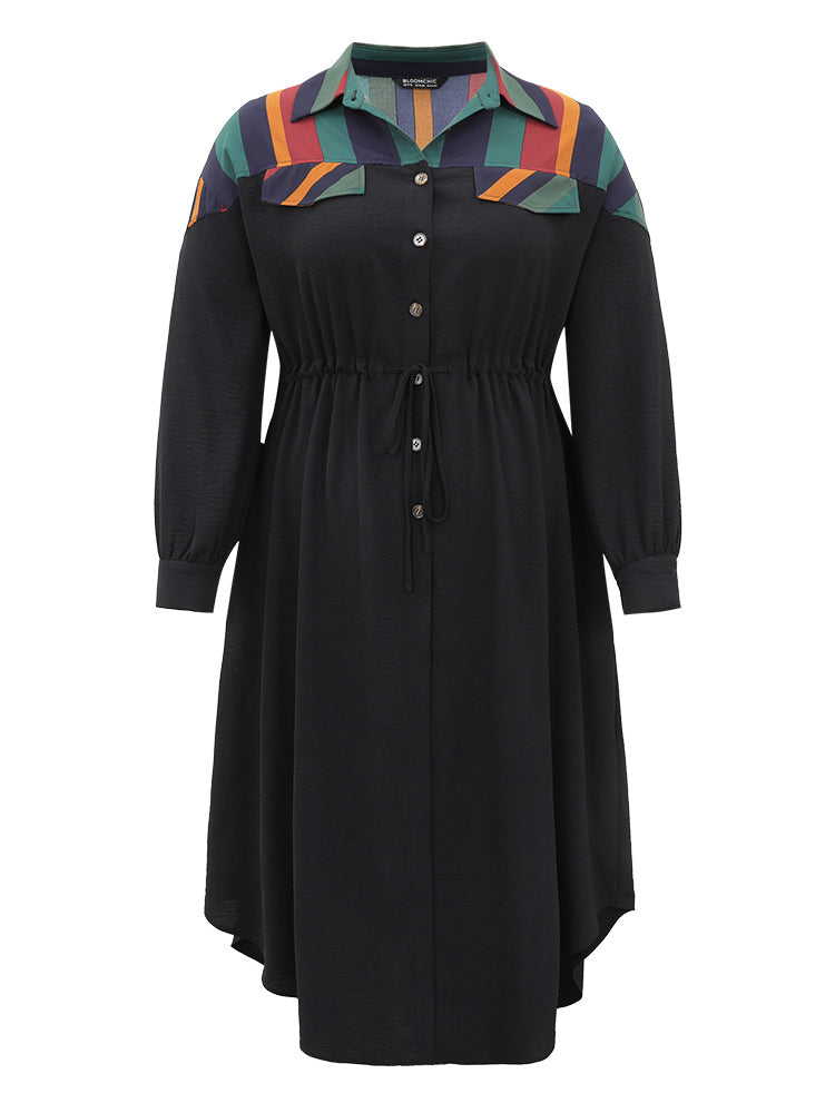 Striped Contrast Drawstring Button Detail Shirt Collar Dress