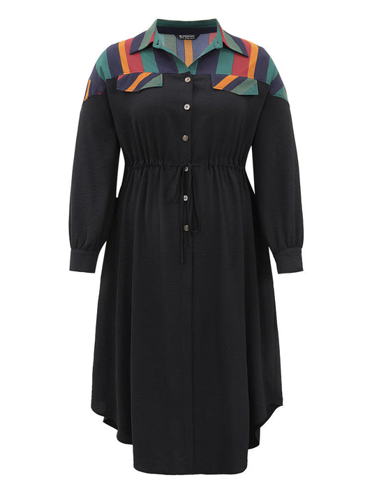 Striped Contrast Drawstring Button Detail Shirt Collar Dress