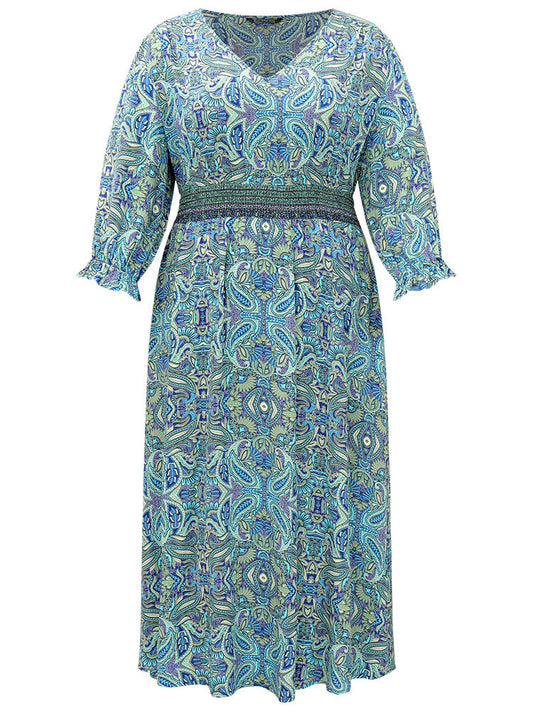 Paisley Print Shirred Flutter Trim Dress