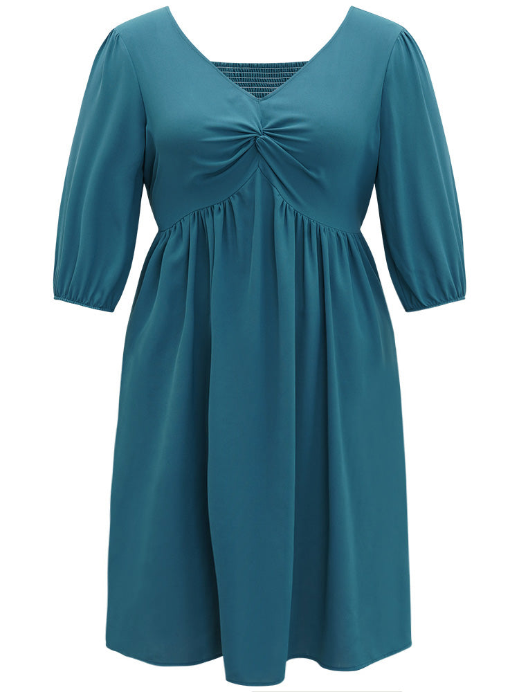 Plain Pocket Twist Front Pleated Shirred Lantern Sleeve Dress