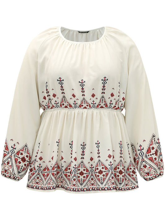 Boho Print Crew Neck Gathered Elastic Waist Blouse