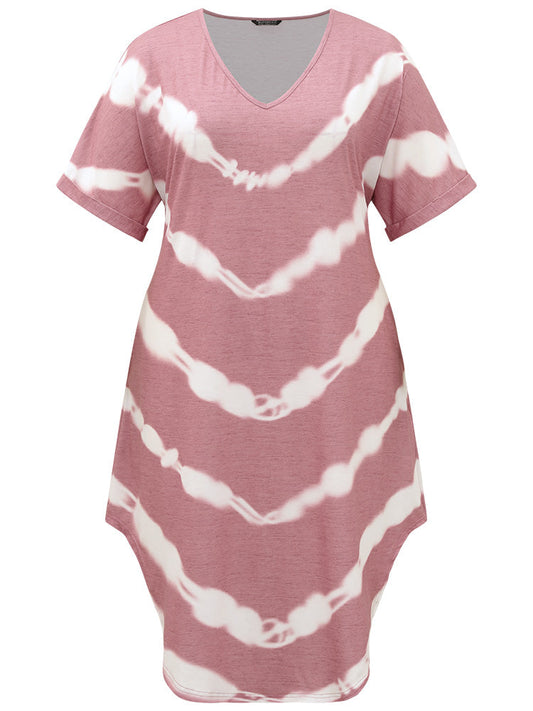 Tie Dye Striped Two Tone V Neck Pocket Dress