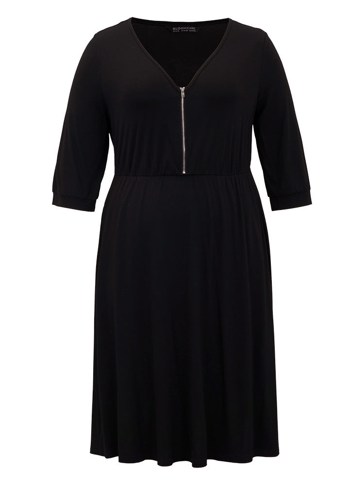 Plain Pocket Elastic Waist Zipper Dress
