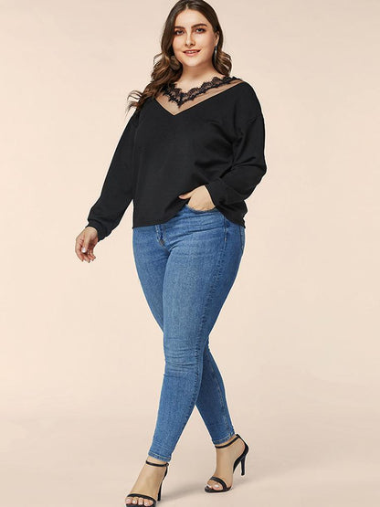 Lace Hollow Out V-neck Solid Color Top