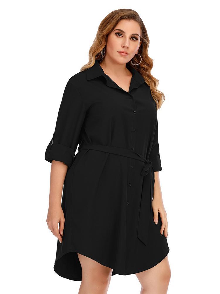 Single0breasted Belt Lapel Shirt Dress