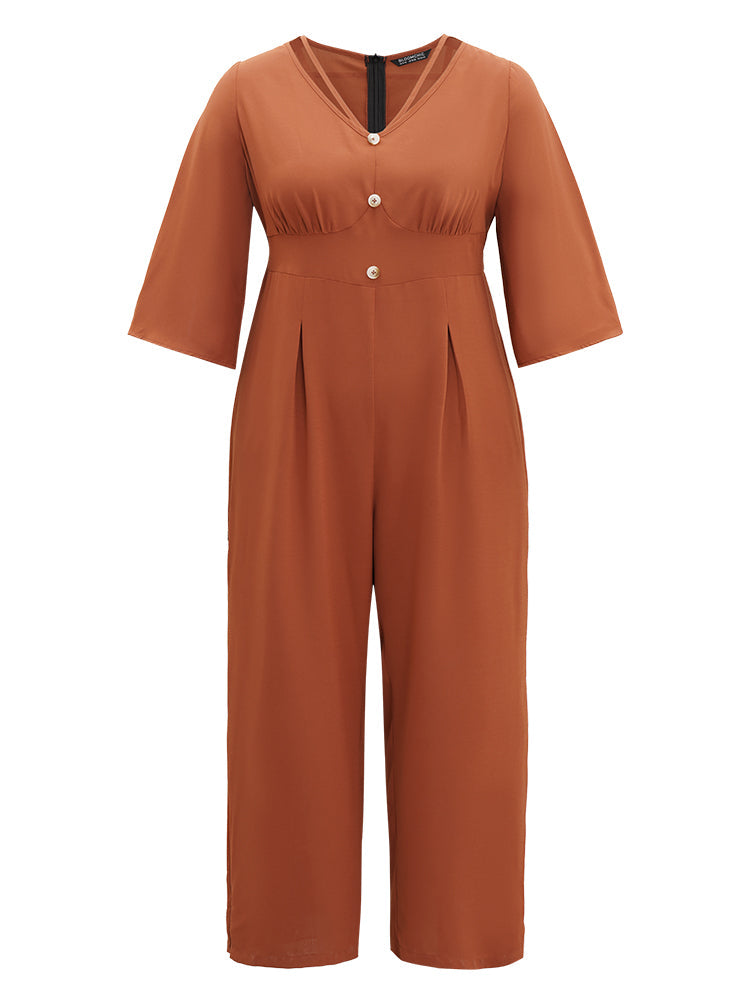 Plain Crisscross Plicated Detail Flutter Sleeve Jumpsuit