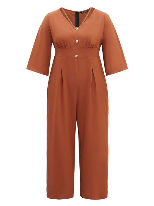 Plain Crisscross Plicated Detail Flutter Sleeve Jumpsuit