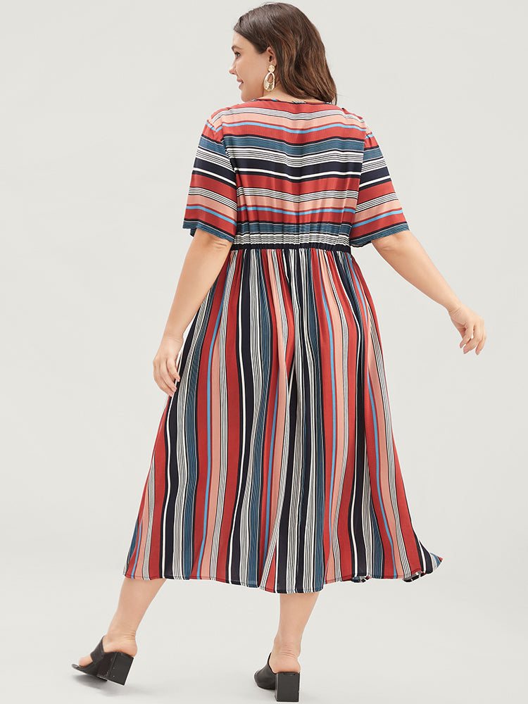 Striped Contrast Pocket Button Up Ruffle Hem Dress
