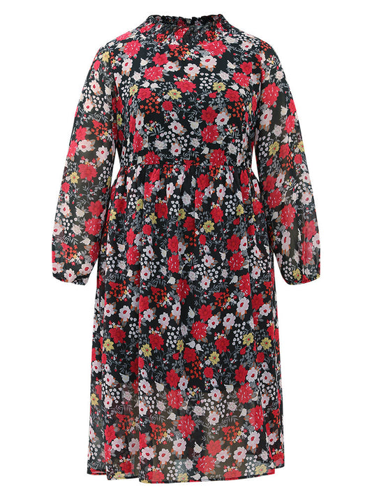 Chiffon Floral Print Shirred Elastic Cuffs Dress
