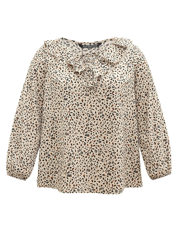 Leopard Print Ties Flutter Trim Blouse
