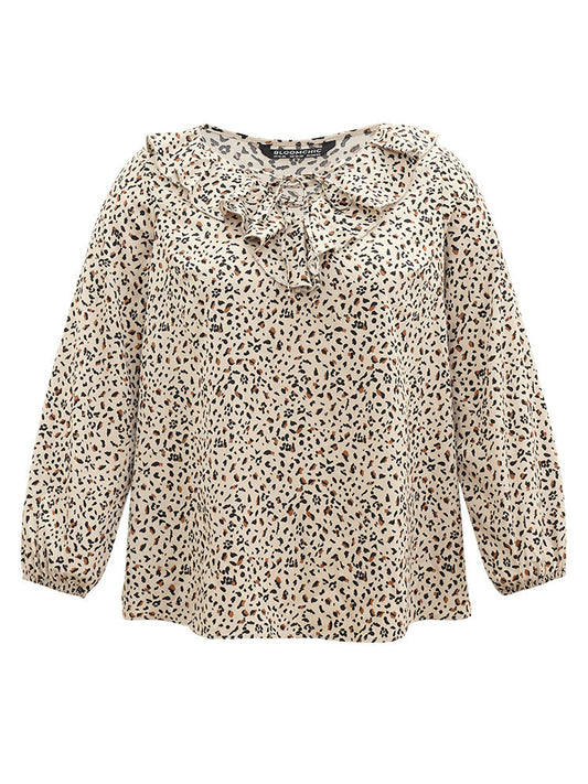 Leopard Print Ties Flutter Trim Blouse