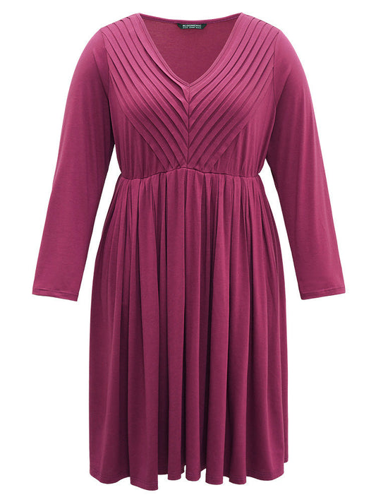 Solid Pleated V Neck Elastic Waist Dress